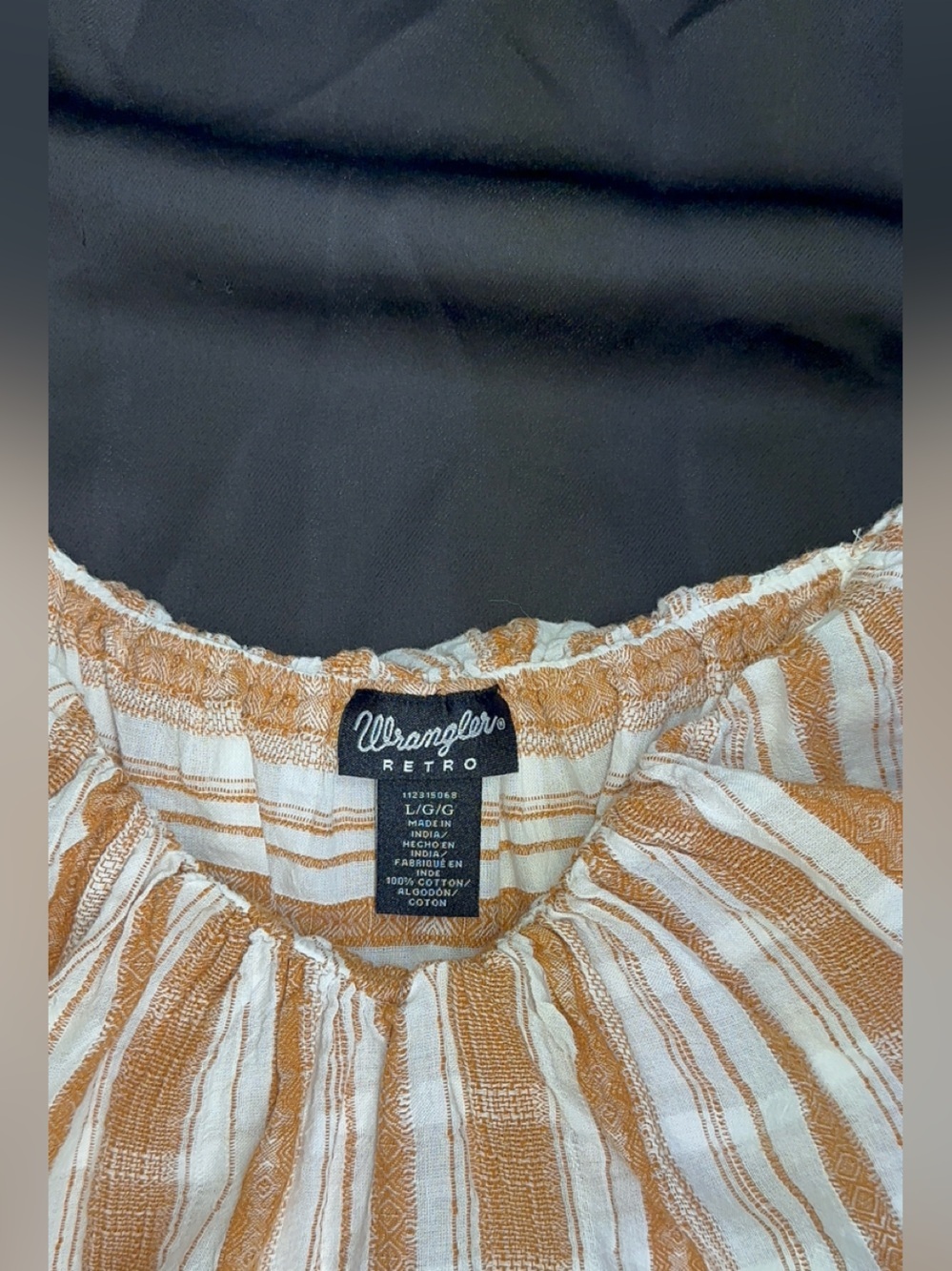 Wrangler Retro Off Shoulder Blouse Women’s Large Tan White Striped Cotton linen - Picture 5 of 7